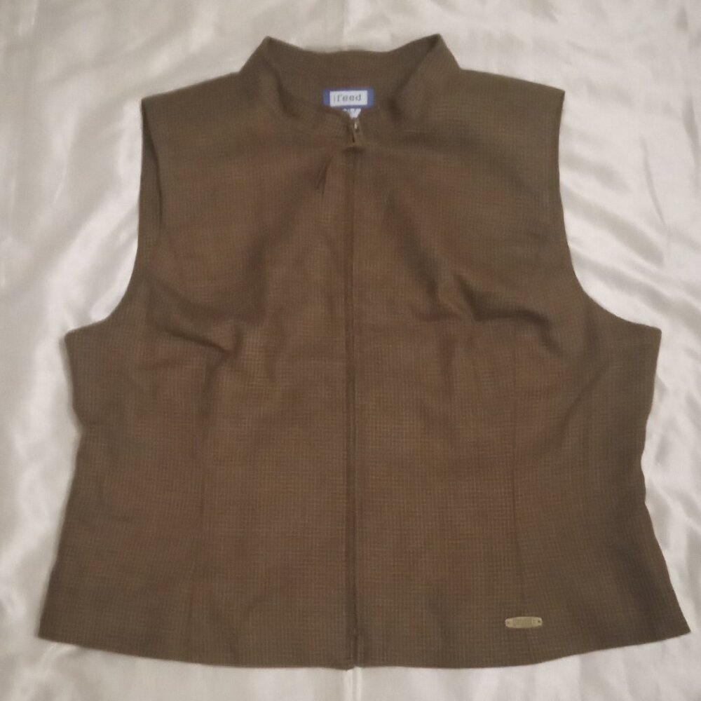 reed men's vest zipper sizeXL 100% wool brown/cream checked preppy busniness